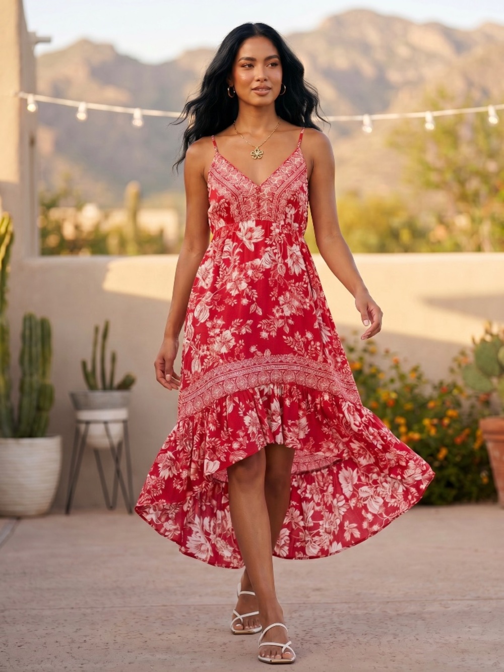 Angie Red Hawaiian Floral Print Hi Lo Midi Dress | V Neck Sleeveless Ruffle Hem - Picture 2 of 6